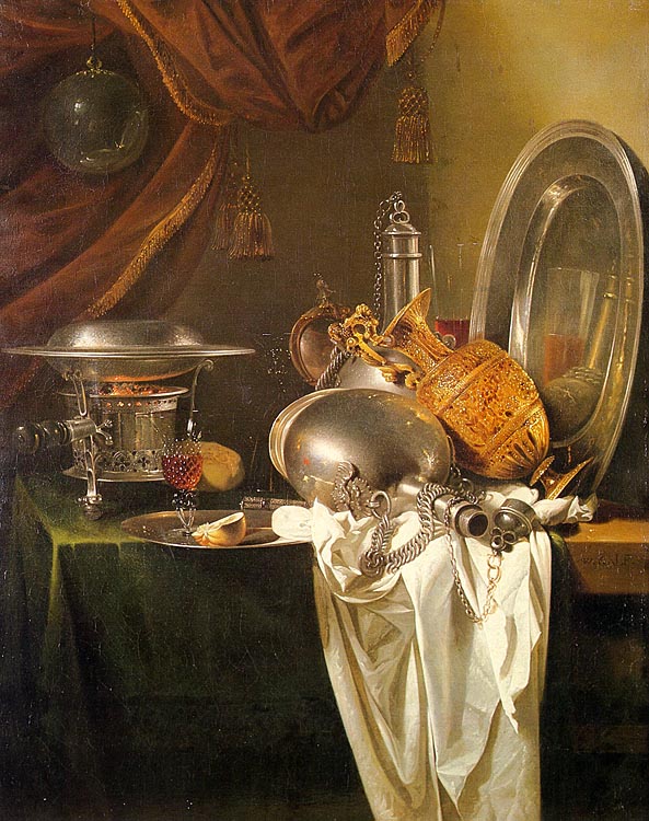 Still Life with Chafing Dish, Pewter, Gold, Silver, and Glassware