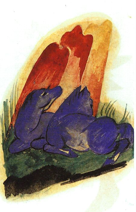 Two Blue Horses in Front of a Red Rock (postcard)