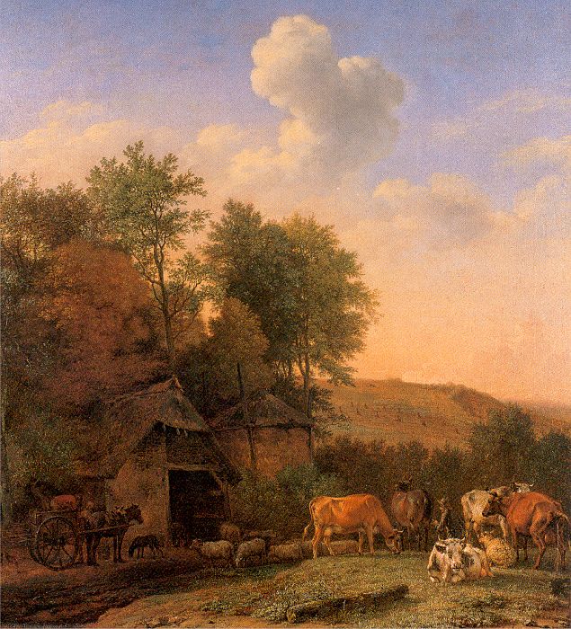 Landscape with Cows, Sheep, and Horses by a Barn
