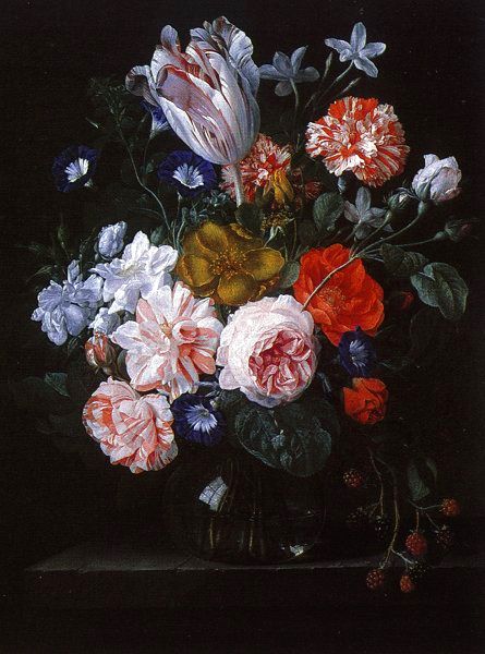 A Tulip, Carnations, and Morning Glory in a Glass Vase