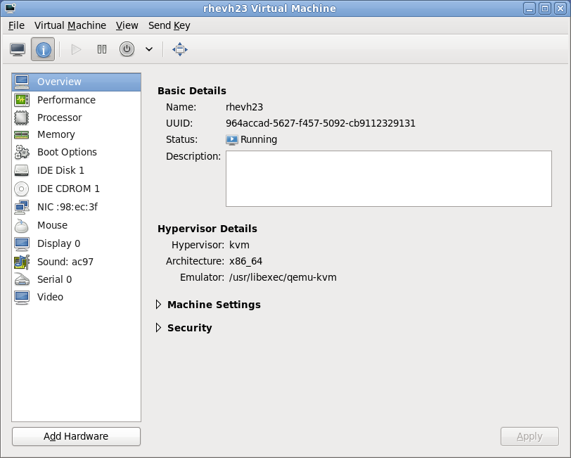 The virtual hardware details window