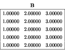 \begin{displaymath}
\begin{array}{cc} {\bf B} \\
\begin{array}{\vert rrr\vert...
...1.00000 & 2.00000 & 3.00000 \\
\hline \end{array} \end{array}\end{displaymath}