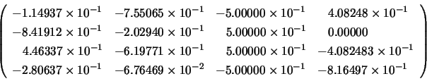 \begin{displaymath}
\left( \begin{array}{llll}
-1.14937 \times 10^{-1} & -7.55...
...0 \times 10^{-1} & -8.16497 \times 10^{-1}
\end{array} \right)
\end{displaymath}