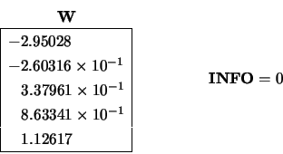 \begin{displaymath}
\begin{array}{c} {\bf W} \\
\begin{array}{\vert l\vert} \...
...y} \hspace{1.50 cm}
\begin{array}{c} {\bf INFO} = 0 \end{array}\end{displaymath}